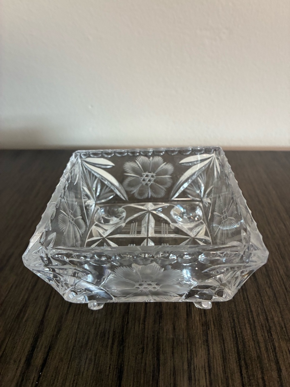 Mid Century Square French Cut And Etched Crystal Footed Candy Dish